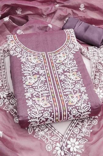 lavender chanderi embroidered unstitched dress materials 3 pair top bottom dupatta
