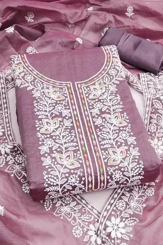 lavender chanderi embroidered unstitched dress materials 3 pair top bottom dupatta