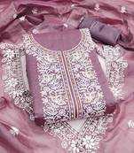lavender chanderi embroidered unstitched dress materials 3 pair top bottom dupatta