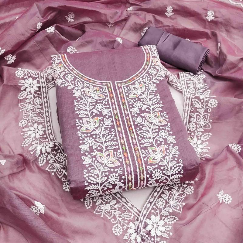 lavender chanderi embroidered unstitched dress materials 3 pair top bottom dupatta