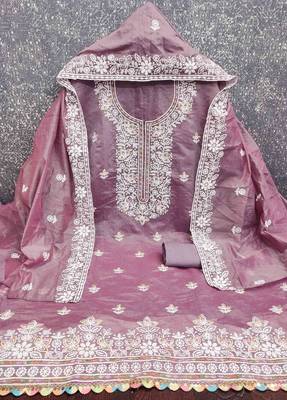 lavender chanderi embroidered unstitched dress materials 3 pair top bottom dupatta 2