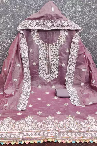 lavender chanderi embroidered unstitched dress materials 3 pair top bottom dupatta