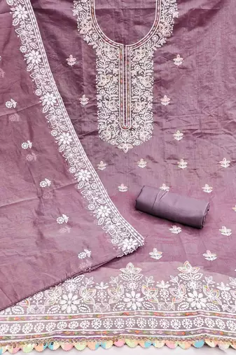 lavender chanderi embroidered unstitched dress materials 3 pair top bottom dupatta