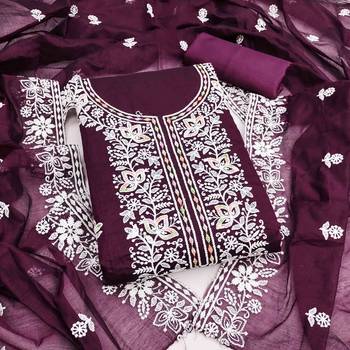 purple chanderi embroidered unstitched dress materials 3 pair top bottom dupatta 1