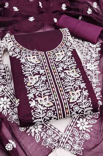 purple chanderi embroidered unstitched dress materials 3 pair top bottom dupatta