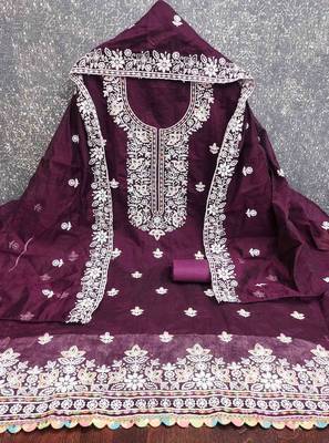 purple chanderi embroidered unstitched dress materials 3 pair top bottom dupatta 2