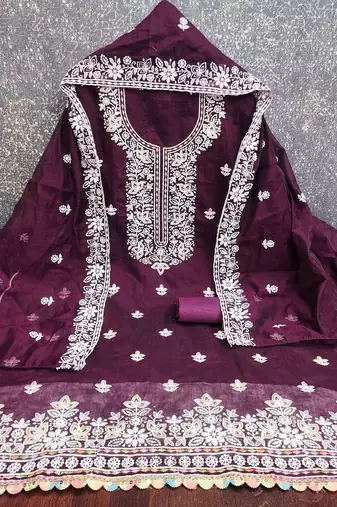 purple chanderi embroidered unstitched dress materials 3 pair top bottom dupatta