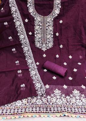 purple chanderi embroidered unstitched dress materials 3 pair top bottom dupatta 3