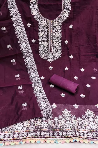 purple chanderi embroidered unstitched dress materials 3 pair top bottom dupatta