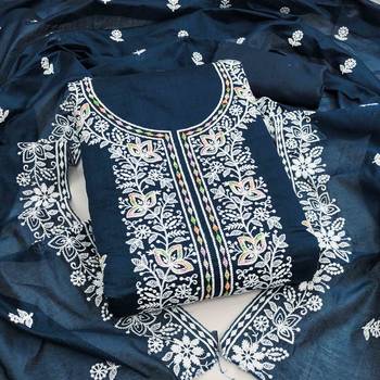 indigo chanderi embroidered unstitched dress materials 3 pair top bottom dupatta 1