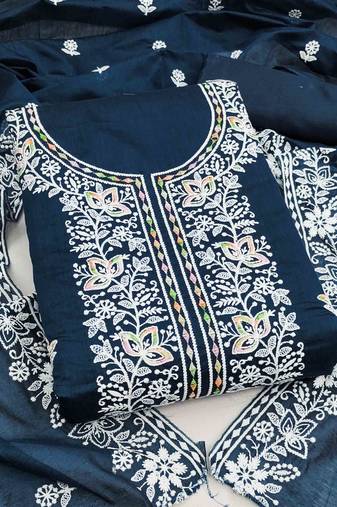 indigo chanderi embroidered unstitched dress materials 3 pair top bottom dupatta