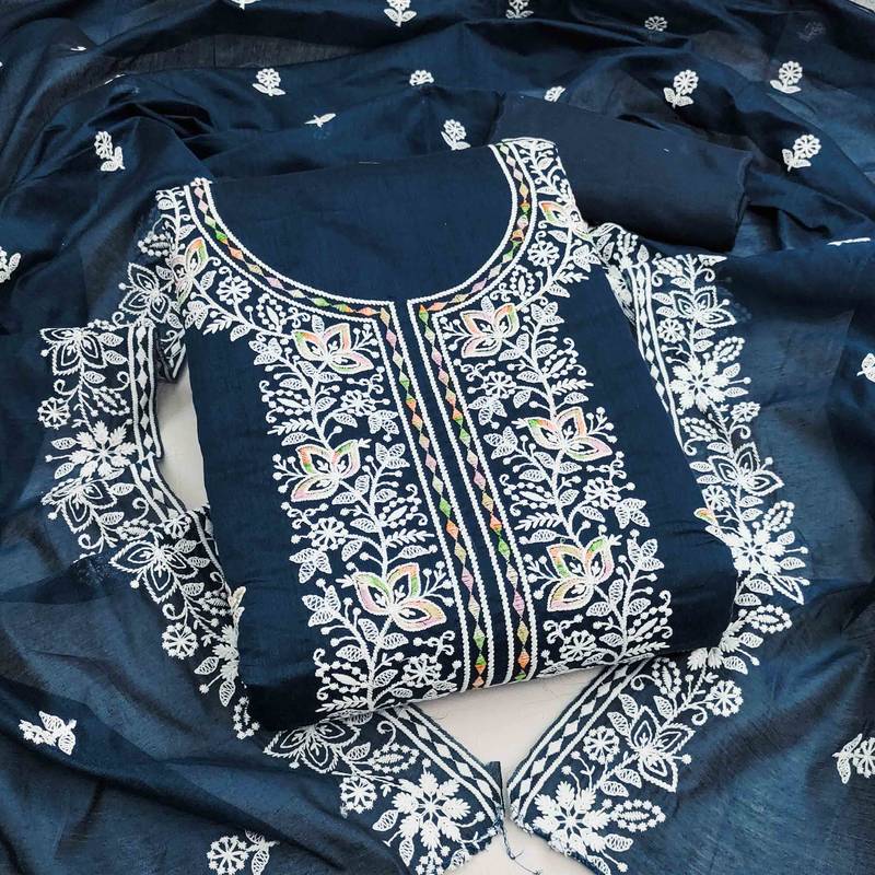 indigo chanderi embroidered unstitched dress materials 3 pair top bottom dupatta