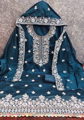 indigo chanderi embroidered unstitched dress materials 3 pair top bottom dupatta 2
