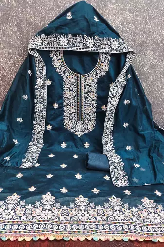 indigo chanderi embroidered unstitched dress materials 3 pair top bottom dupatta