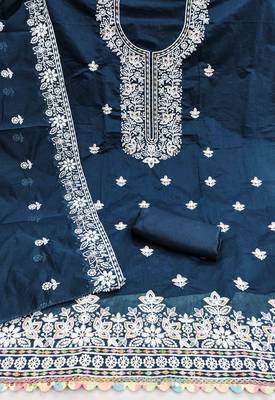 indigo chanderi embroidered unstitched dress materials 3 pair top bottom dupatta 3