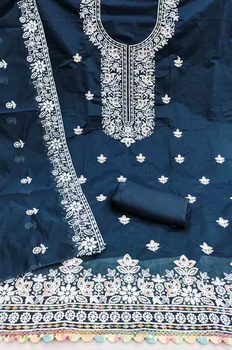 indigo chanderi embroidered unstitched dress materials 3 pair top bottom dupatta
