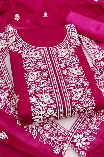 pink chanderi embroidered unstitched dress materials 3 pair top bottom dupatta
