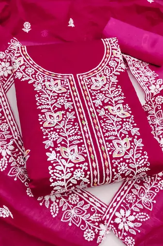 pink chanderi embroidered unstitched dress materials 3 pair top bottom dupatta