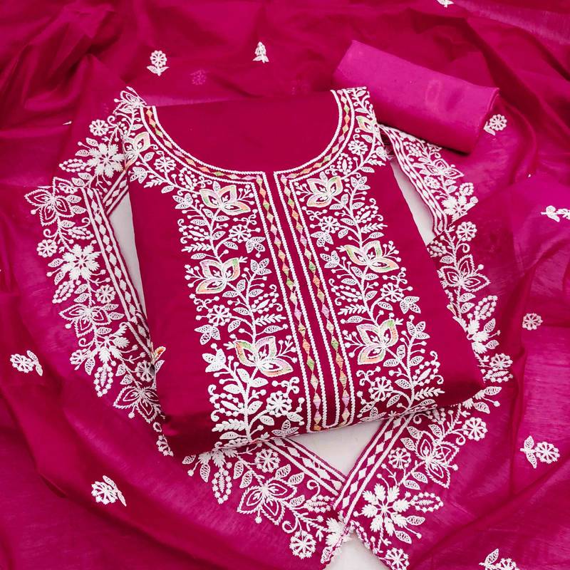 pink chanderi embroidered unstitched dress materials 3 pair top bottom dupatta