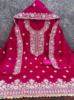 pink chanderi embroidered unstitched dress materials 3 pair top bottom dupatta 2