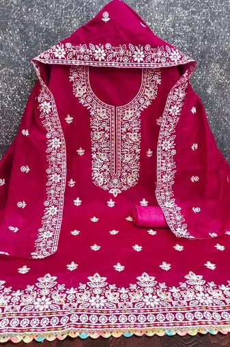 pink chanderi embroidered unstitched dress materials 3 pair top bottom dupatta