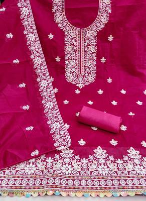 pink chanderi embroidered unstitched dress materials 3 pair top bottom dupatta 3