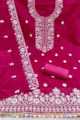 pink chanderi embroidered unstitched dress materials 3 pair top bottom dupatta