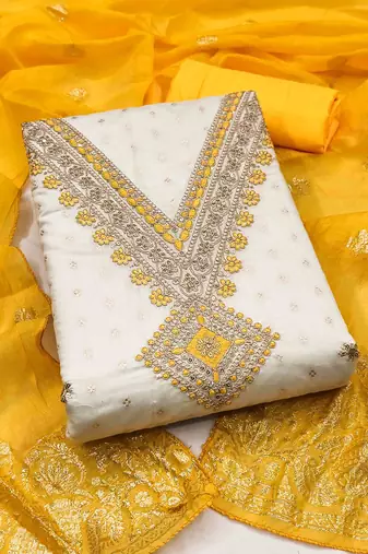 gold chanderi embroidered unstitched dress materials 3 pair top bottom dupatta