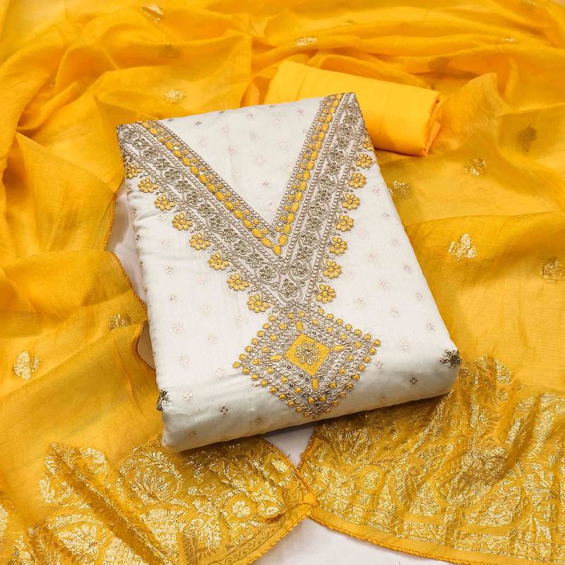 gold chanderi embroidered unstitched dress materials 3 pair top bottom dupatta