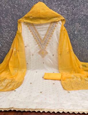 gold chanderi embroidered unstitched dress materials 3 pair top bottom dupatta 2