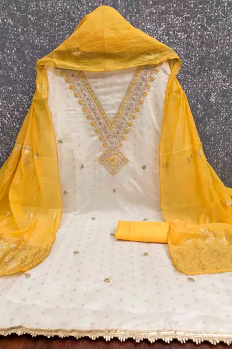 gold chanderi embroidered unstitched dress materials 3 pair top bottom dupatta
