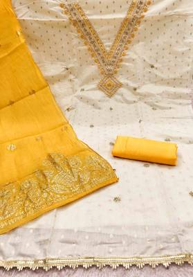 gold chanderi embroidered unstitched dress materials 3 pair top bottom dupatta 3