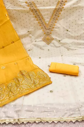 gold chanderi embroidered unstitched dress materials 3 pair top bottom dupatta