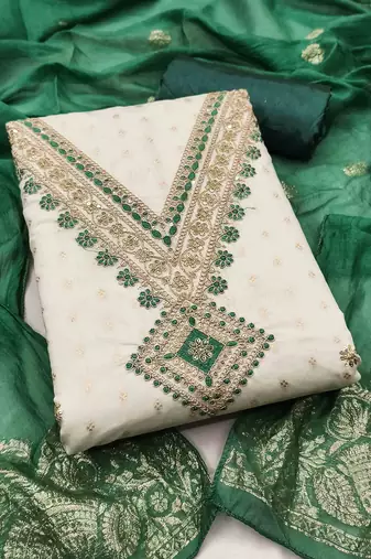 green chanderi embroidered unstitched dress materials 3 pair top bottom dupatta
