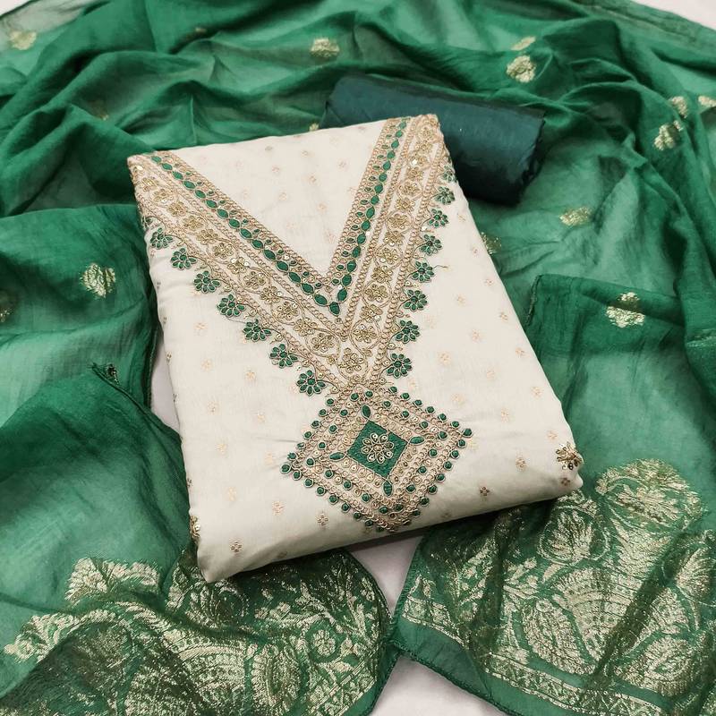 green chanderi embroidered unstitched dress materials 3 pair top bottom dupatta