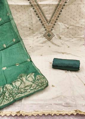 green chanderi embroidered unstitched dress materials 3 pair top bottom dupatta 2