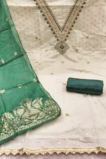 green chanderi embroidered unstitched dress materials 3 pair top bottom dupatta