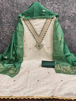 green chanderi embroidered unstitched dress materials 3 pair top bottom dupatta 3