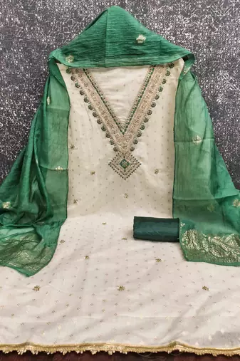 green chanderi embroidered unstitched dress materials 3 pair top bottom dupatta