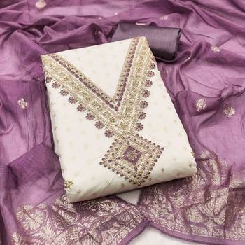 lavender chanderi embroidered unstitched dress materials 3 pair top bottom dupatta 1