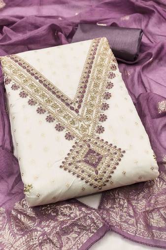 lavender chanderi embroidered unstitched dress materials 3 pair top bottom dupatta