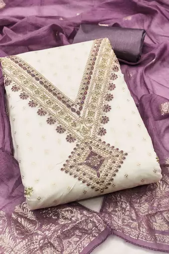 lavender chanderi embroidered unstitched dress materials 3 pair top bottom dupatta