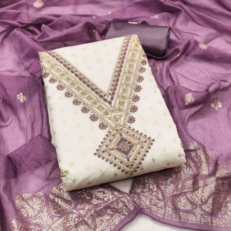 lavender chanderi embroidered unstitched dress materials 3 pair top bottom dupatta