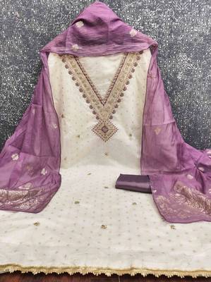 lavender chanderi embroidered unstitched dress materials 3 pair top bottom dupatta 2