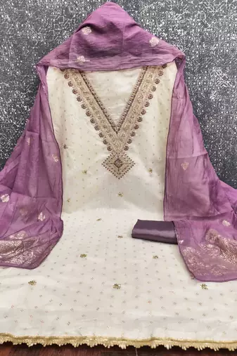 lavender chanderi embroidered unstitched dress materials 3 pair top bottom dupatta