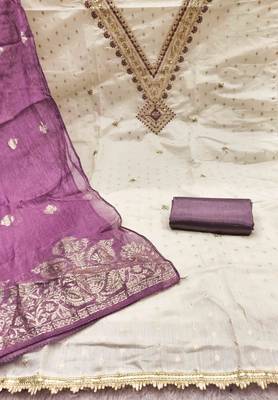 lavender chanderi embroidered unstitched dress materials 3 pair top bottom dupatta 3