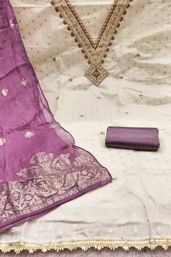 lavender chanderi embroidered unstitched dress materials 3 pair top bottom dupatta