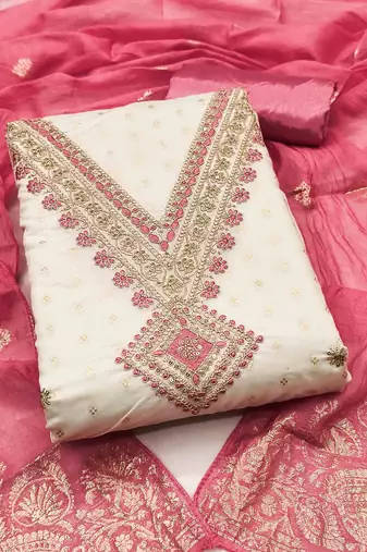 pink chanderi embroidered unstitched dress materials 3 pair top bottom dupatta