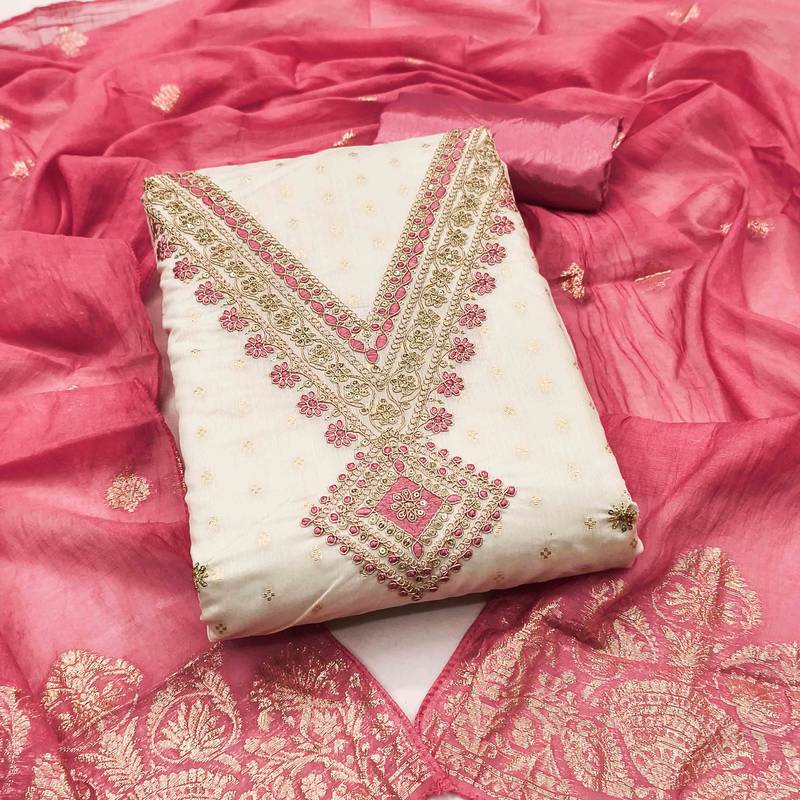 pink chanderi embroidered unstitched dress materials 3 pair top bottom dupatta