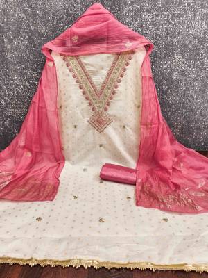 pink chanderi embroidered unstitched dress materials 3 pair top bottom dupatta 2